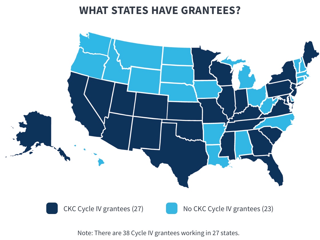 The figure shows a map of the United States, with the 27 states where the 38 Connecting Kids to Coverage (CKC) grantees arelocated colored dark blue. Those states include: AR, AZ, CA, CO, FL, GA, IL, IN, KS, KY, MD, MA, MN, MO, MI, NJ, NM, NV, NY,OK, PA, SC, TN, TX, UT, VA, and WI.